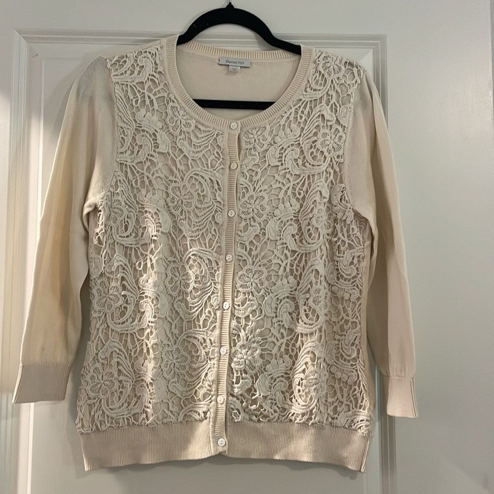 Garnet Hill cream cardigan with crotchet overlay